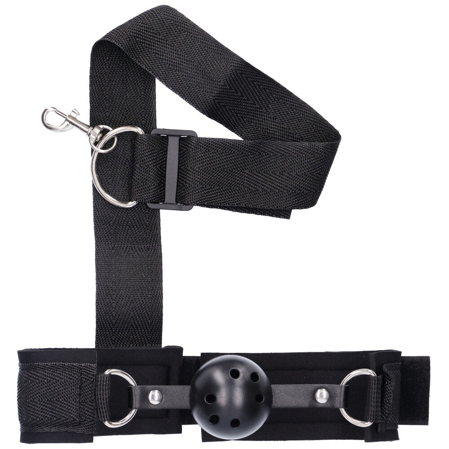 Black ball gag with restraint strap.