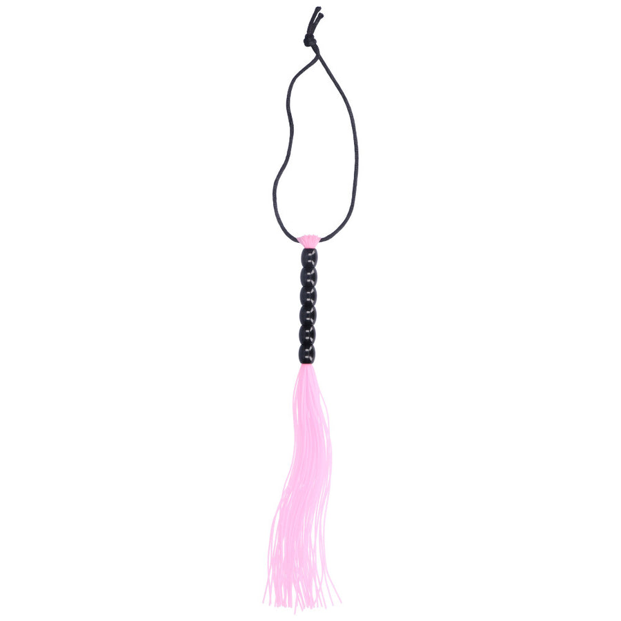 Pink flogger with black beaded handle.