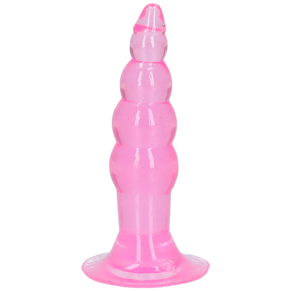 Front view of standing pink beaded butt plug with suction-cup base and tapered tip.