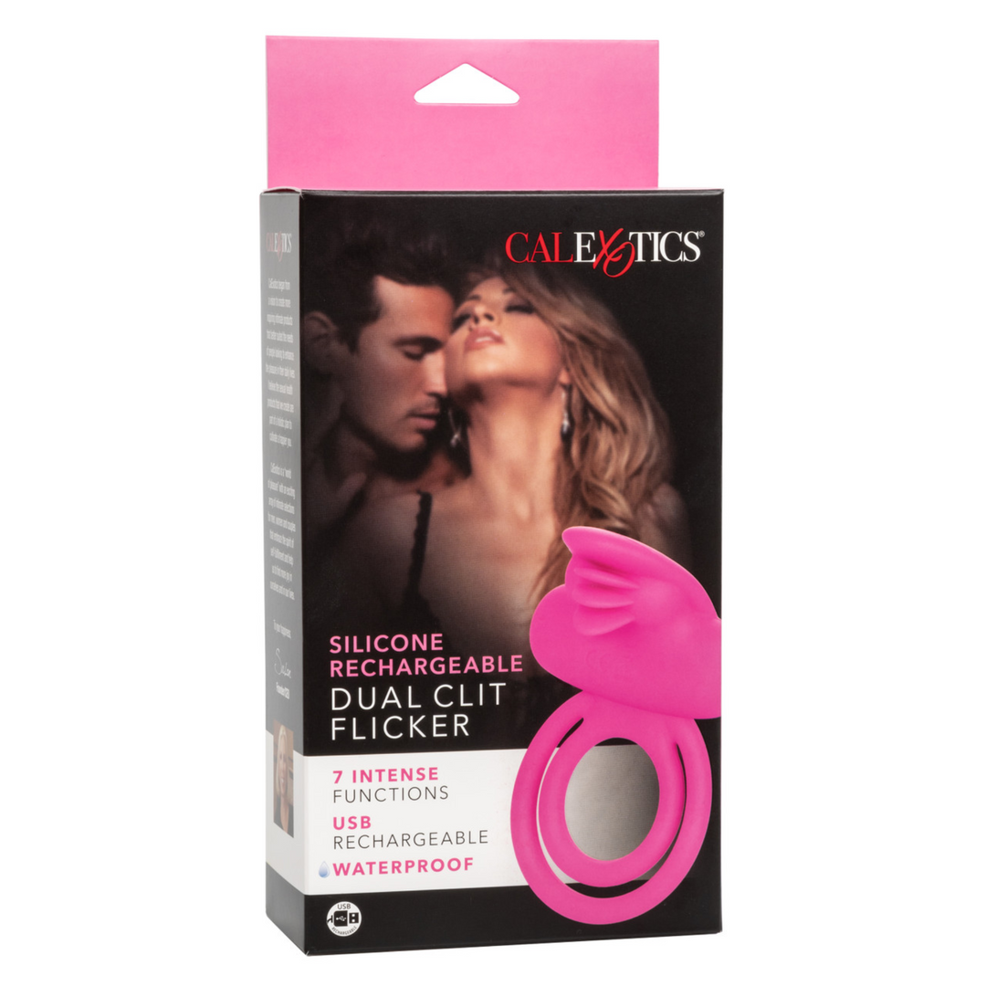 frontside of Silicone Rechargeable Dual Clit Flicker Vibrating Penis Ring packaging 