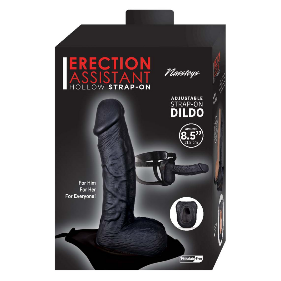 Erection Assistant Hollow Strap-On 8.5in - Black, as seen inside of packaging 
