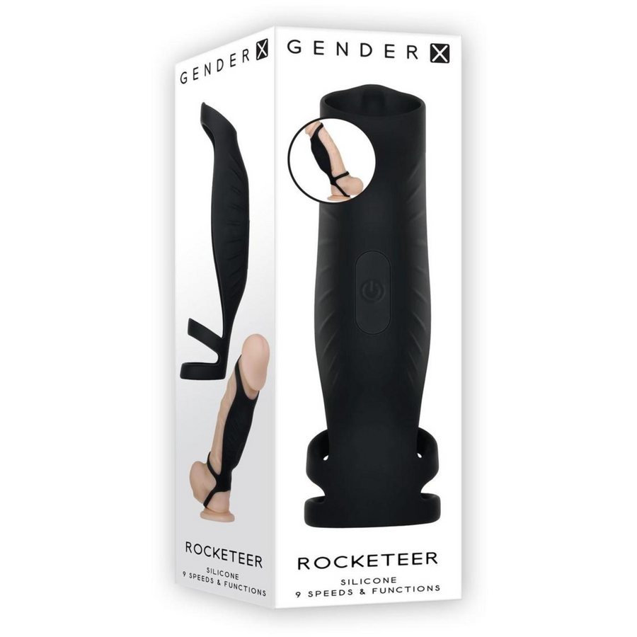 Gender X Rocketeer Rechargeable Silicone Penis Sleeve - Black, as seen inside of manufacturer's packaging 
