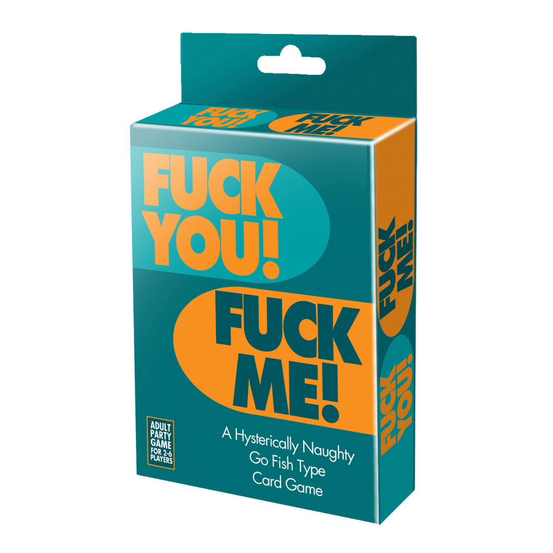 Teal box holding adult card game titled "F*ck you! F*ck Me!" 