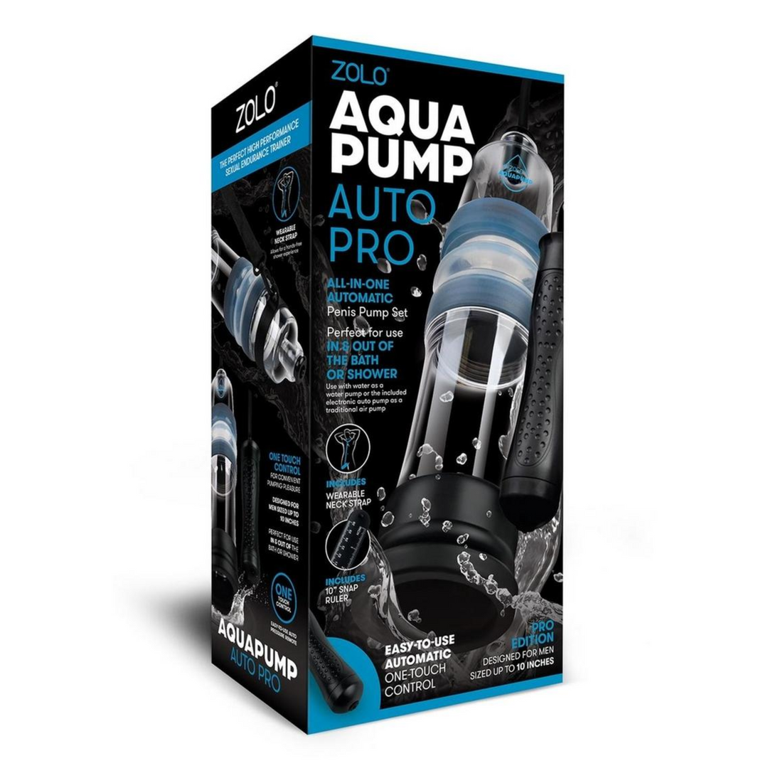 Zolo Aquapump Auto Pro Silicone Penis Pump - Black/Blue, as seen inside of packaging