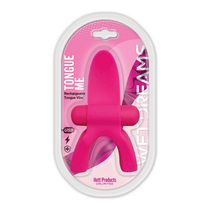 Tongue Me Extreme Silicone Tongue Vibrator with Mouth Guard - Pink, as seen inside of manufacturer's packaging 
