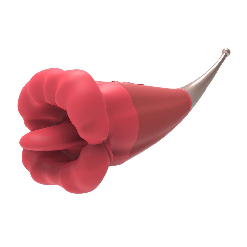 Angled side view of flaming red lips plus clit-licking mouth & pinpoint vibe