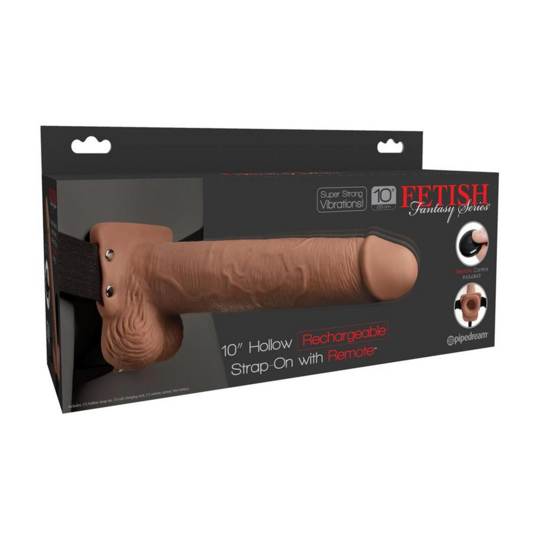 Fetish Fantasy Series Rechargeable Hollow Strap-on Dildo with Balls and Harness with Remote Control as seen inside of packaging 