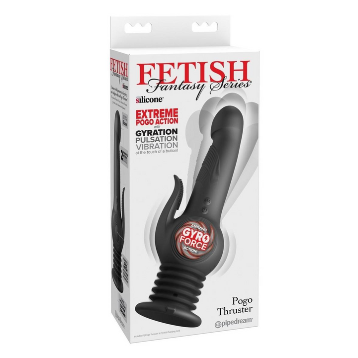 Fetish Fantasy Series Pogo Thruster Rechargeable Silicone Rabbit Vibrator - Black, as seen inside of packaging