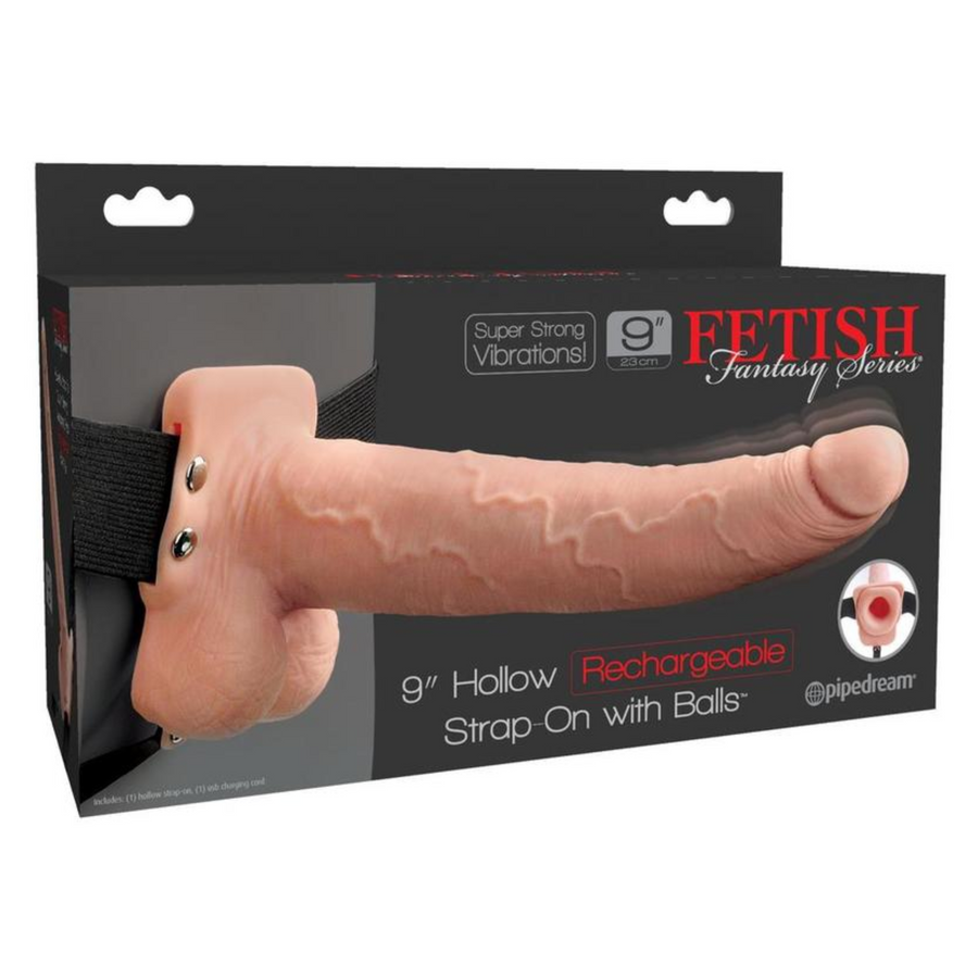 Fetish Fantasy Series Hollow Rechargeable Strap-On Dildo with Balls and Harness 9in - Vanilla, seen inside packaging 
