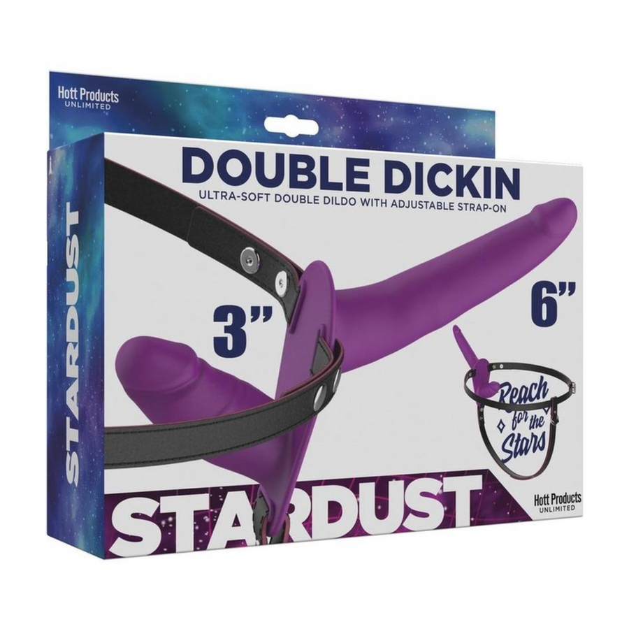 Stardust Double Dickin Silicone Double Dildo Strap-On - Purple, as seen inside of packaging
