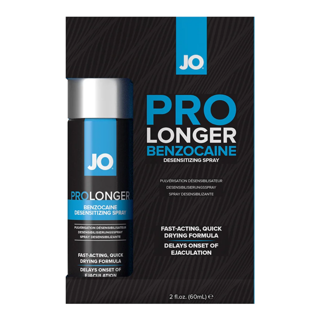 frontside of JO Prolonger Spray Desensitizing with Benzocaine 2oz packaging