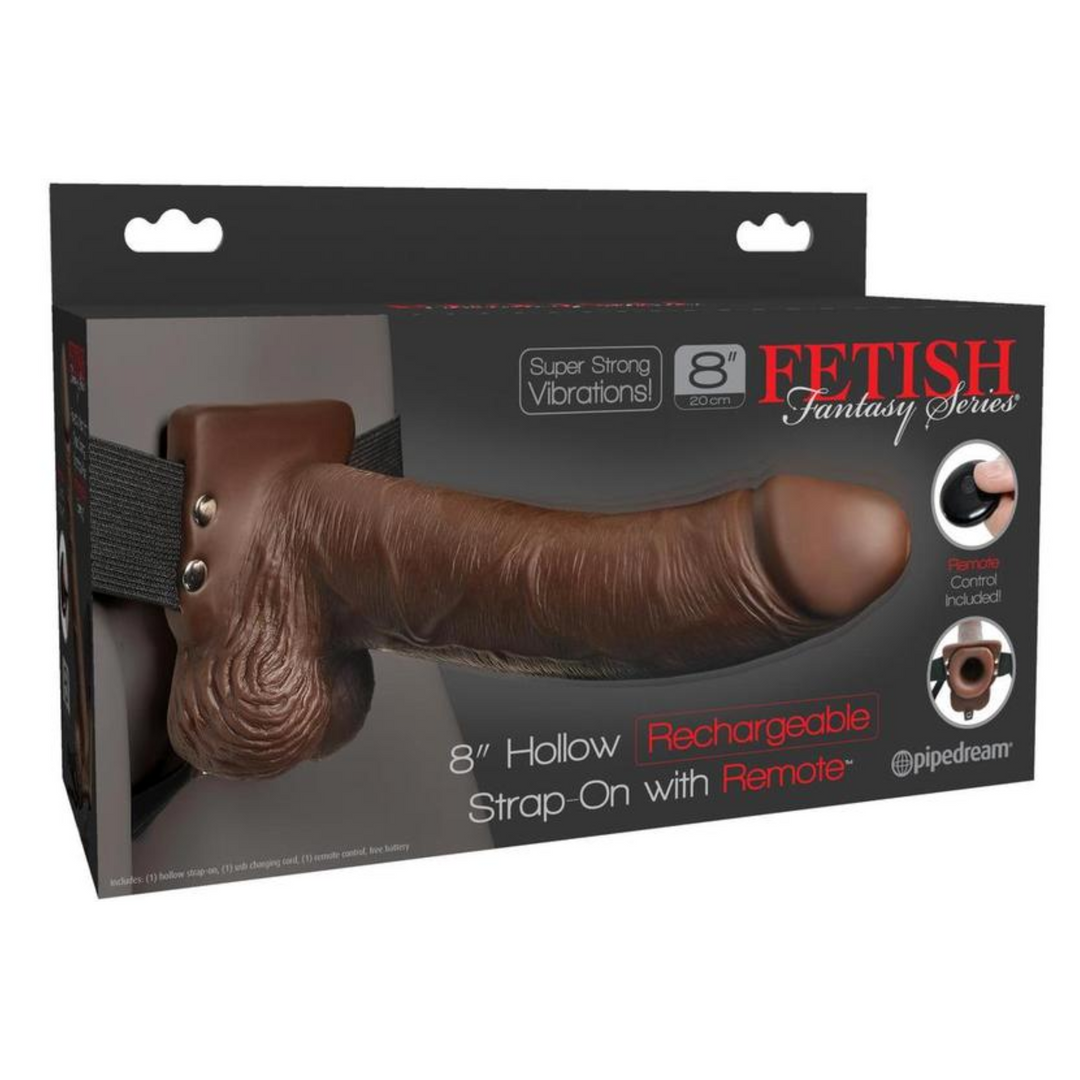 Fetish Fantasy Series Rechargeable Hollow Strap-on Dildo with Balls and Harness with Remote Control 8in, as seen inside of package 
