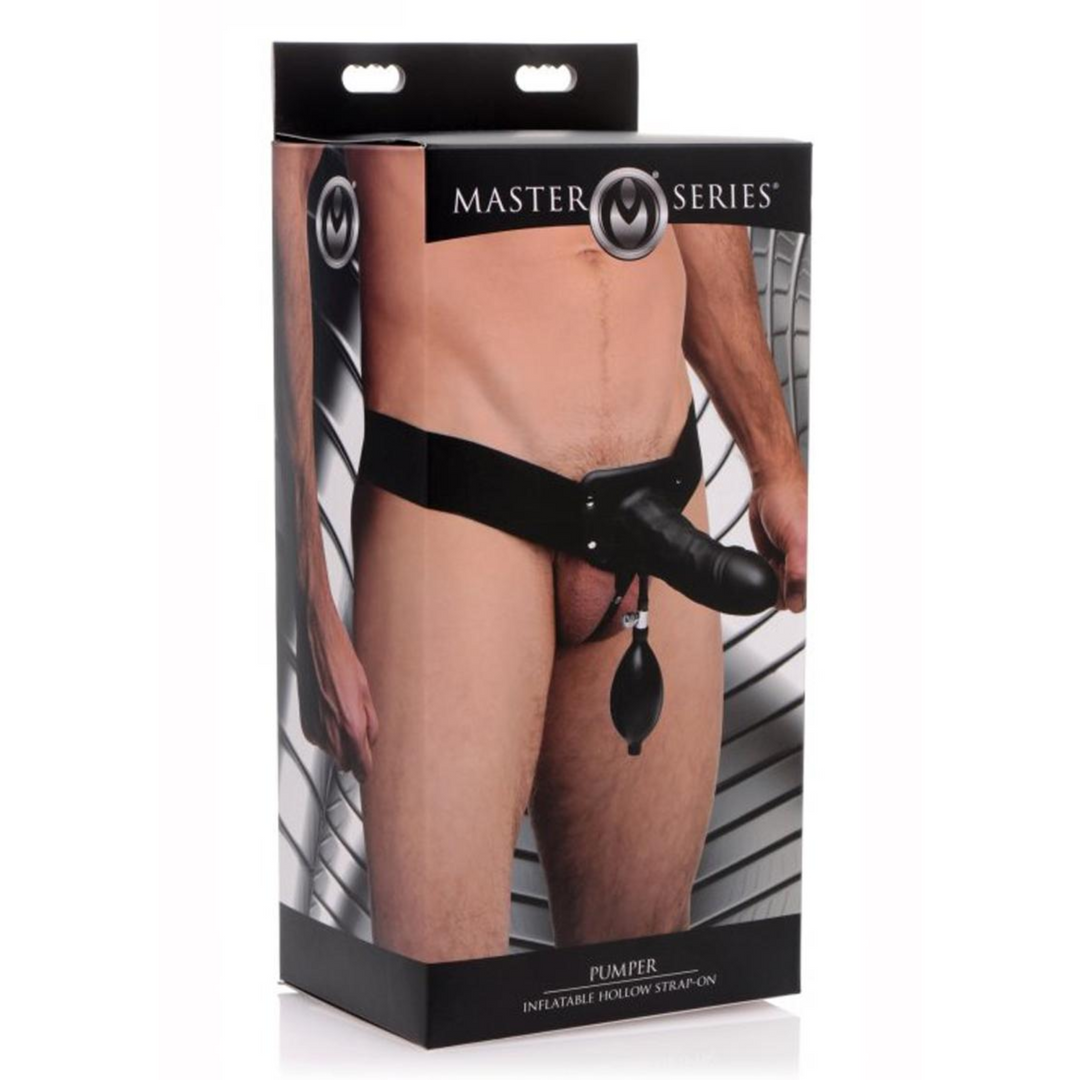 Master Series Pumper Inflatable Hollow Strap-On - Black, as seen inside of packaging
