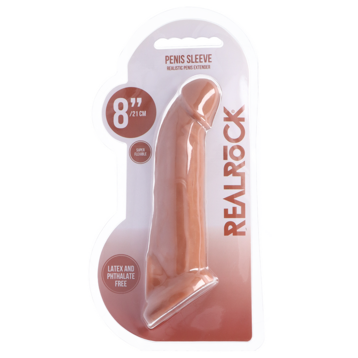 RealRock Realistic Penis Sleeve 8in - Caramel as seen inside of packaging 