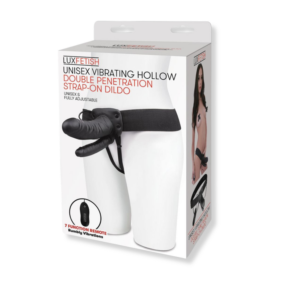 Unisex Vibrating Hollow Double Penetration Strap-On Dildo as seen inside package 