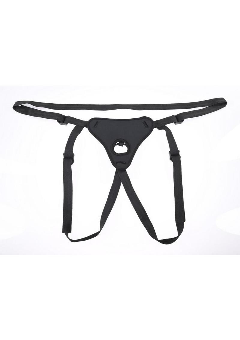 black strap-on harness seen from front view with o-ring 