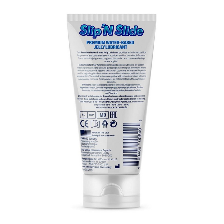 backside of Swiss Navy Slip'N Slide Premium Jelly Lubricant 5oz
