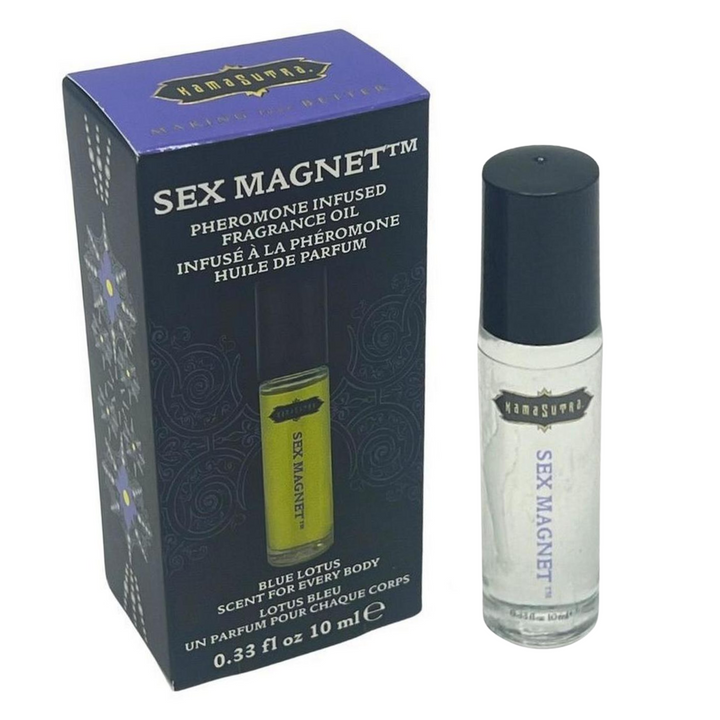 Sex Magnet Blue Lotus Pheromone Oil Roll On next to box