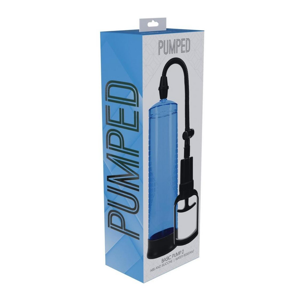 frontside of Pumped Basic Pump 2 Water Resistant Silicone Penis Pump - Blue, packaging