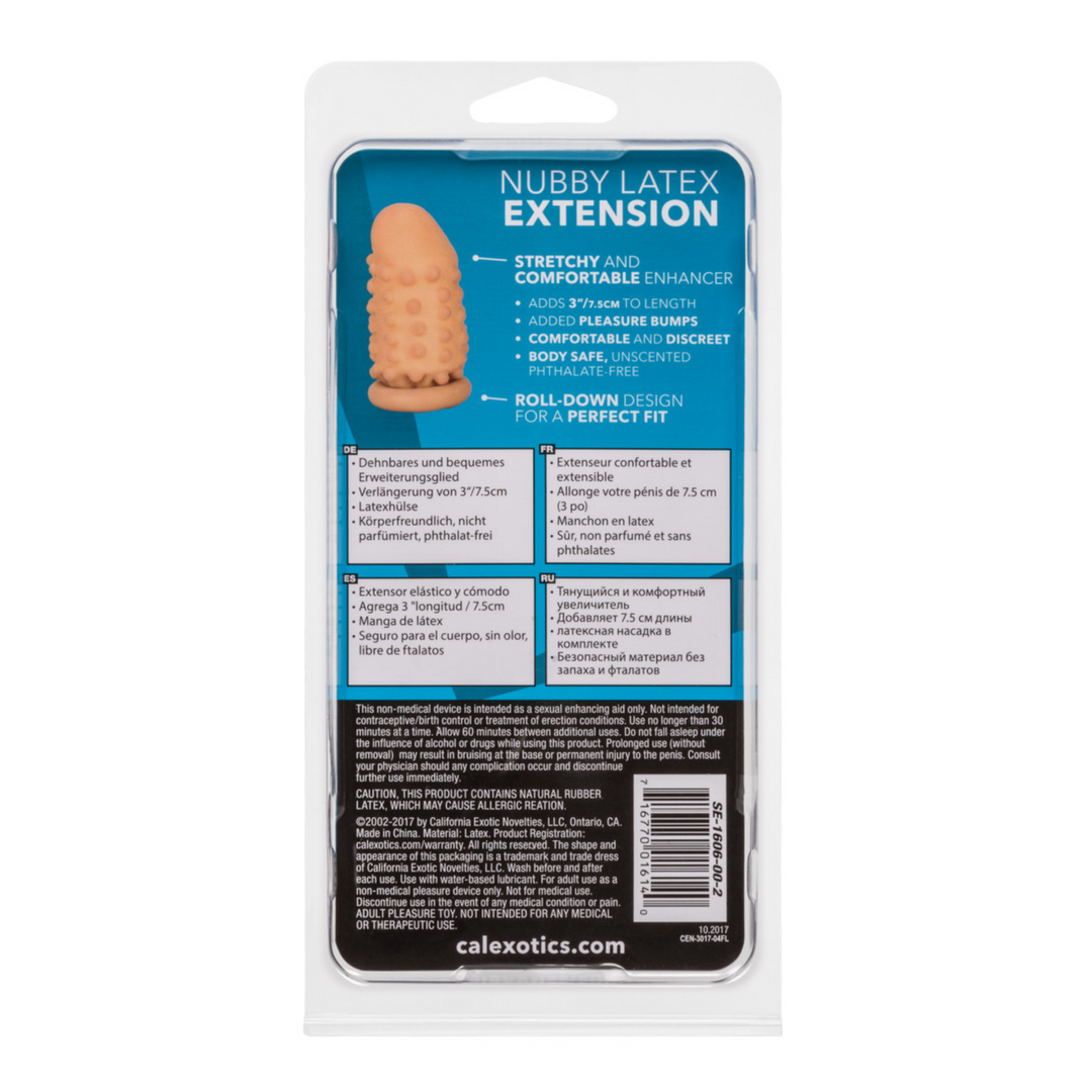 backside of Nubby Latex Extension 3in - Vanilla packaging 