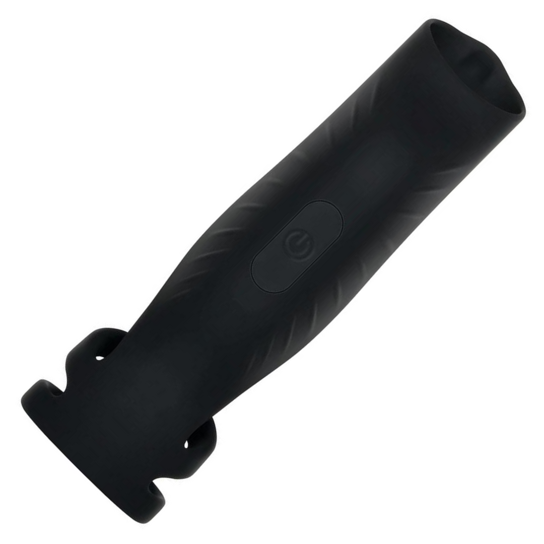 view of underside of Gender X Rocketeer Rechargeable Silicone Penis Sleeve - Black
