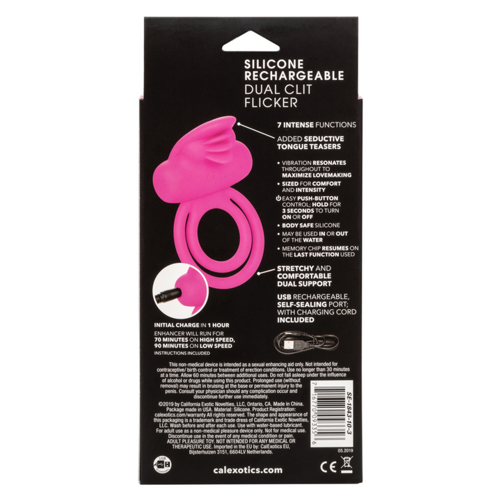 backside of Silicone Rechargeable Dual Clit Flicker Vibrating Cockring Multispeed Waterproof Pink
 packaging 