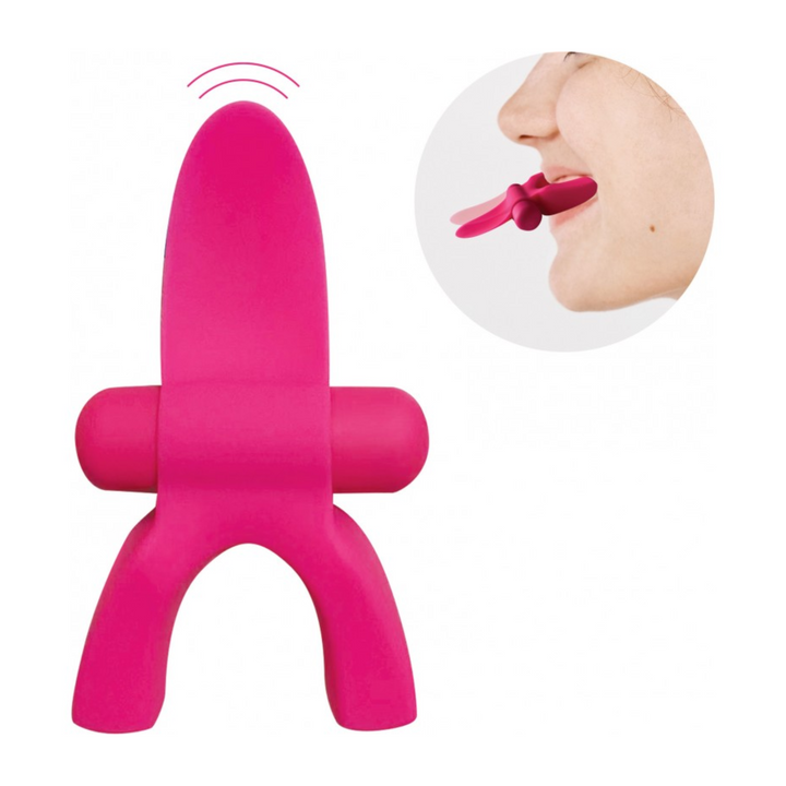 Topside view of pink Tongue Me Extreme Silicone Tongue Vibrator with Mouth Guard 
