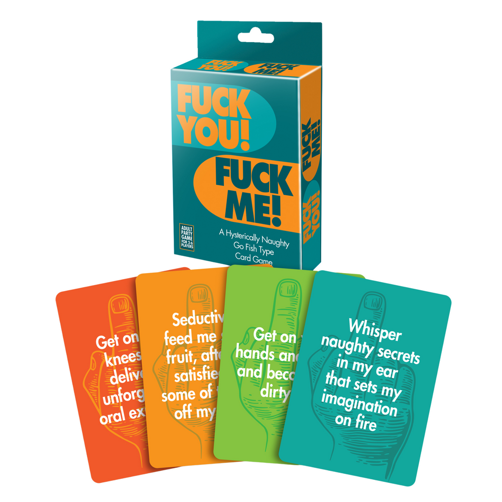 Red, orange, green, and blue cards in front of adult card game box named "F*ck You! F*ck Me!" 