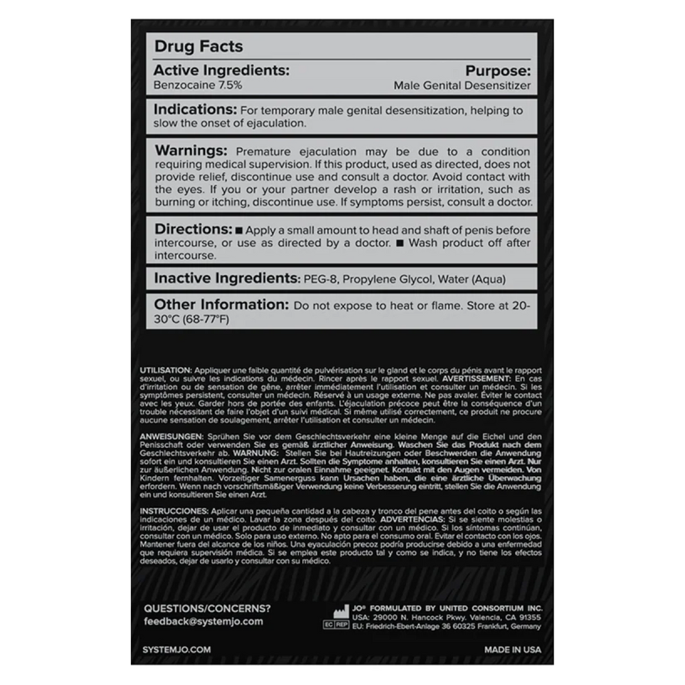 Drug facts on back of JO Prolonger Spray Desensitizing with Benzocaine 2oz packaging 