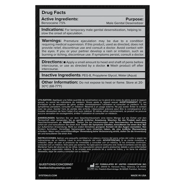 Drug facts on back of JO Prolonger Spray Desensitizing with Benzocaine 2oz packaging 