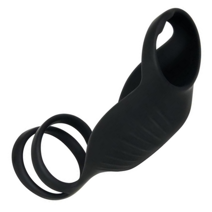 view of side from Gender X Rocketeer Rechargeable Silicone Penis Sleeve, with view of stretchy loops 