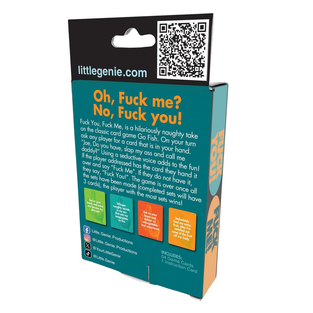 Instruction on how to play the F*ck You! F*ck Me! card game in white lettering