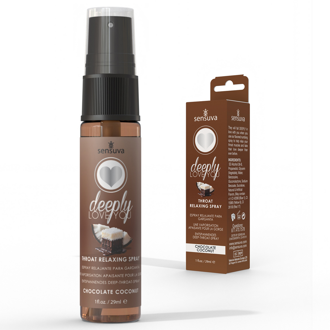 Deeply Love You Throat Relaxing Spray packaging and bottle - Chocolate Coconut 