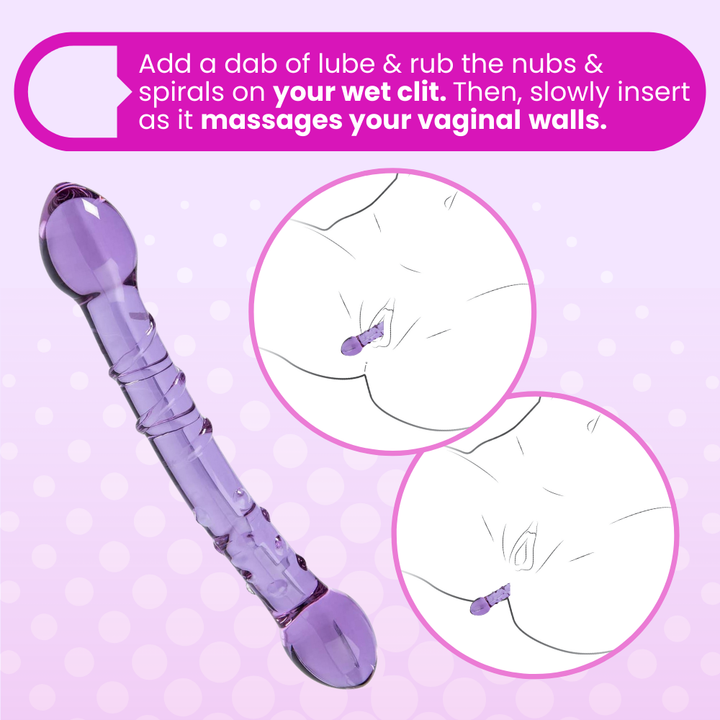 Add a dab of lube & rub the nubs and spirals on your wet clit then slowly insert as the nubs massage your vaginal walls