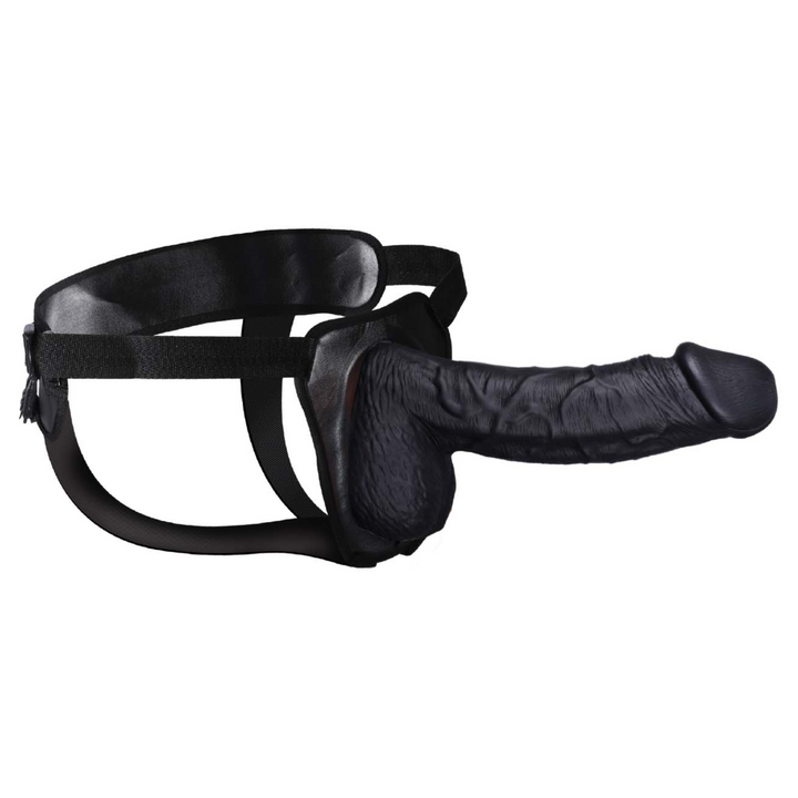 side view of black hollow dildo harness 