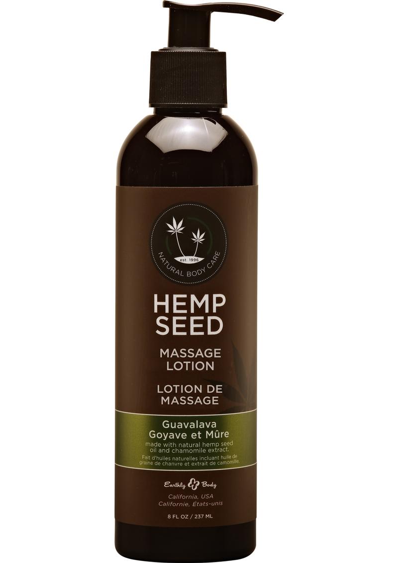 frontside of Earthly Body Hemp Seed Massage Lotion Guavalava 8oz bottle 