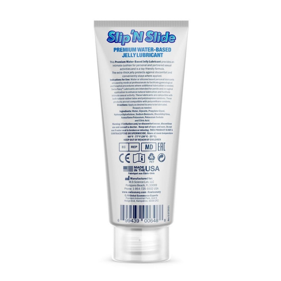 backside of Swiss Navy Slip'N Slide Premium Jelly Lubricant 2oz/59ml.
