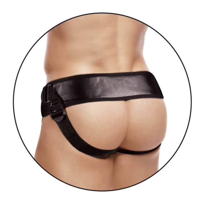 backside view of black harness from Erection Assistant Hollow Strap-On 9.5in - Vanilla
