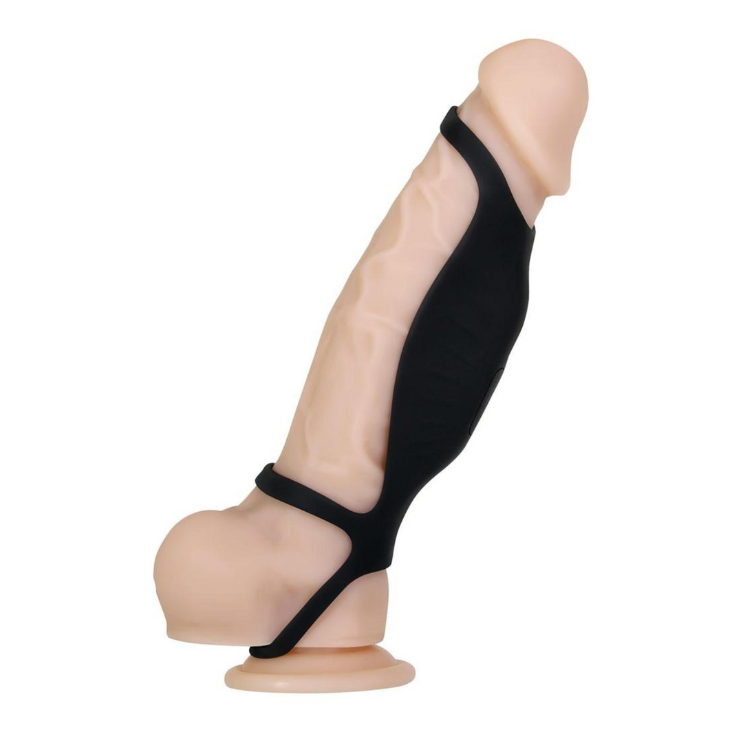 view of Gender X Rocketeer Rechargeable Silicone Penis Sleeve as seen worn by dildo 