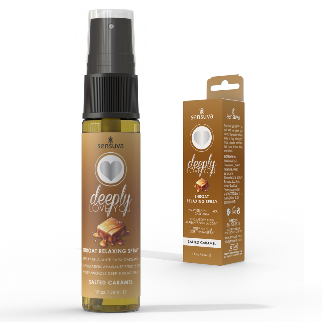 Deeply Love You Throat Relaxing Spray packaging and bottle - salted caramel 