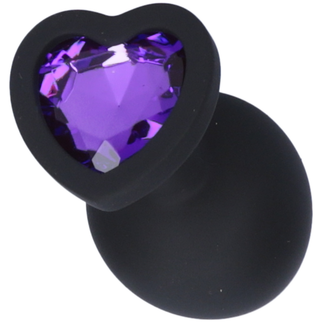 Picture of the black butt plug, showing the purple heart jewel.