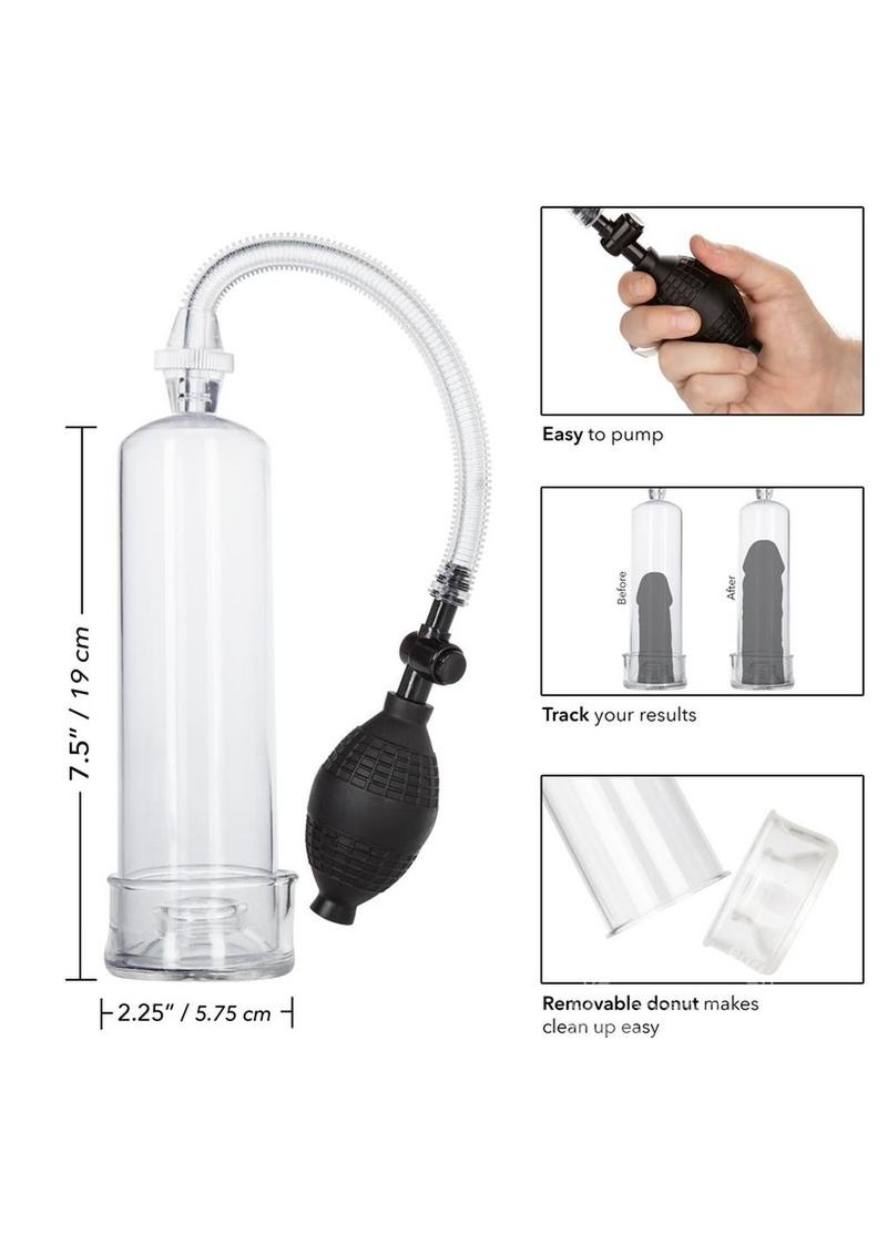 Dr. Joel Kaplan Erection Pump Image showing the measurements of the pump and how to remove the donut for easy cleaning.