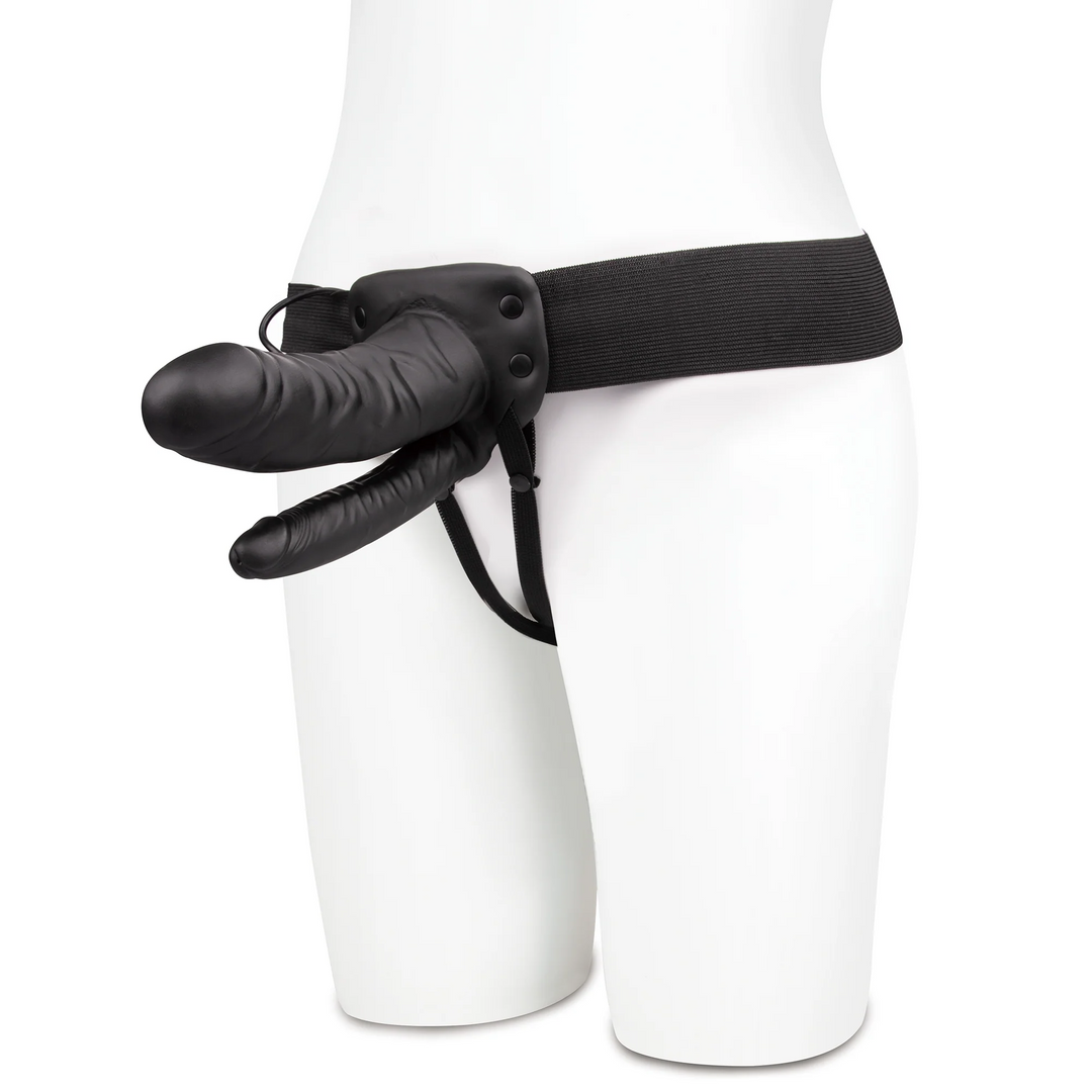 white mannequin wearing black double penetration hollow dildo set 