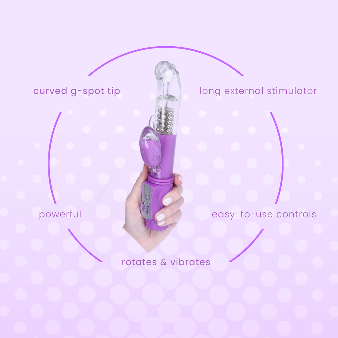 curved g-spot tip, long external stimulator, powerful, easy-to-use, rotates & vibrates