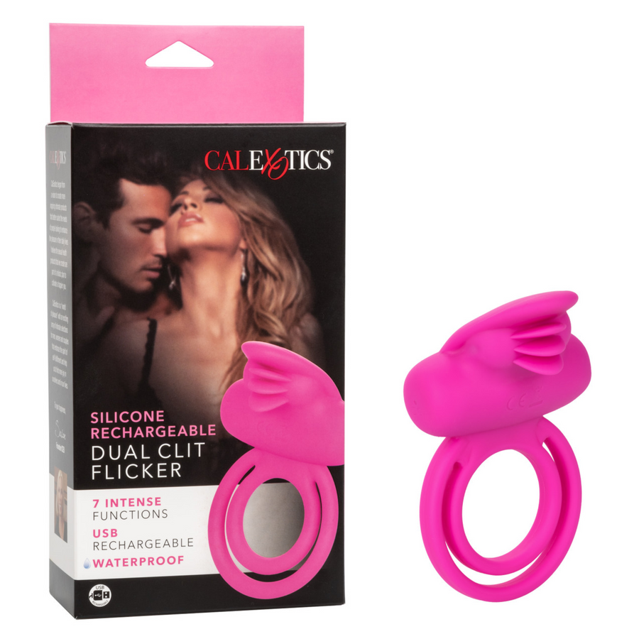 view of Silicone Rechargeable Dual Clit Flicker Vibrating Penis ring, as seen sitting next to manufacturer's packaging 