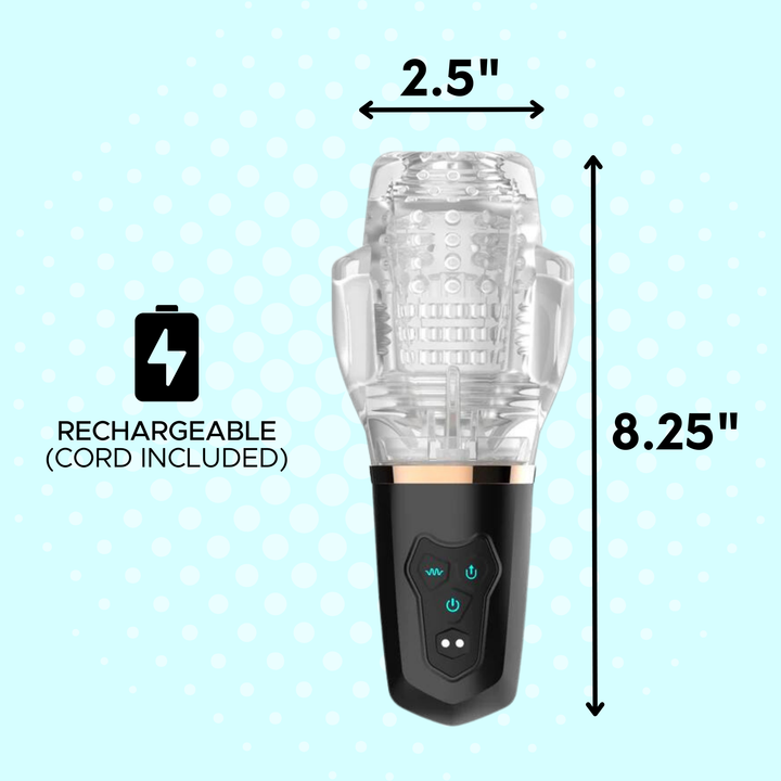 The dimensions of the masturbator is 2.5" in diameter and 8.25" in length. It is rechargeable with the cord included.