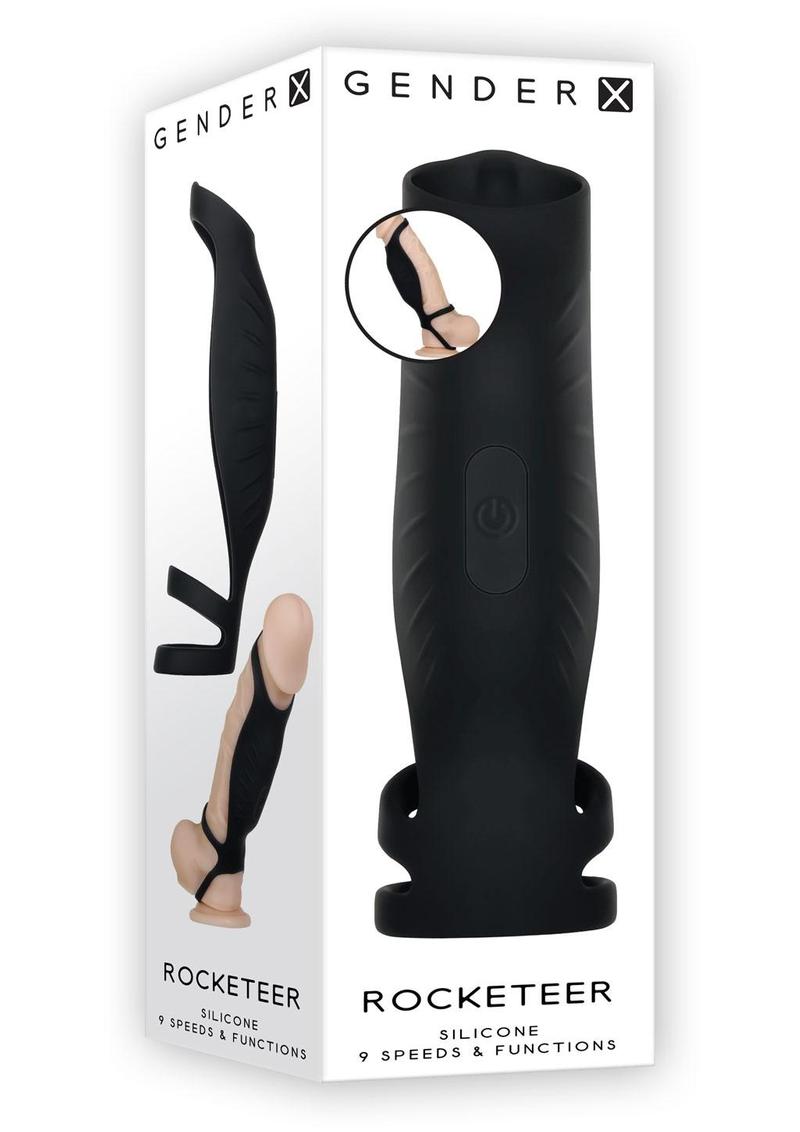 Rocketeer rechargeable penis sleeve as seen in Gender X packaging 