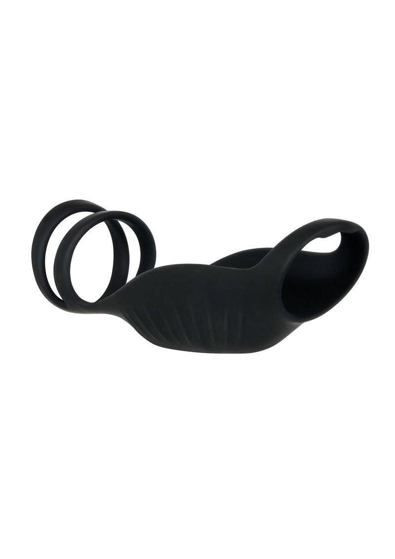 top part of black penis sleeve with hoops to attach to testicles and penis shaft 