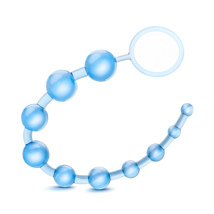 front view of blue sassy anal beads 