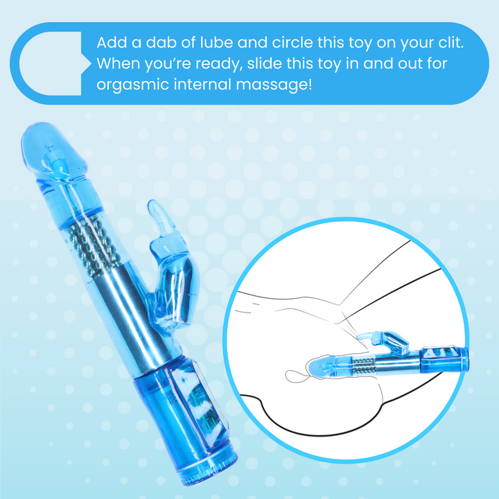 Rabbit Vibrator With 5 Rows Of Rotating Beads image showing how the rabbit is inserted.